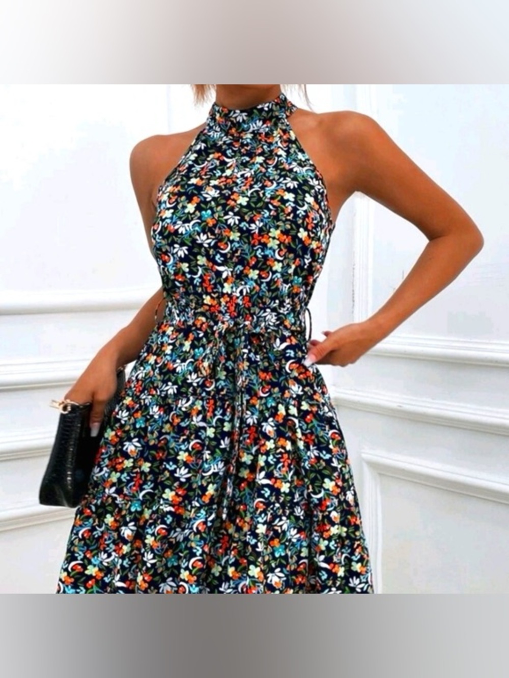 Floral Halter Fit & Flare Dress Tie Waist Sleeveless Mini Dress Size L